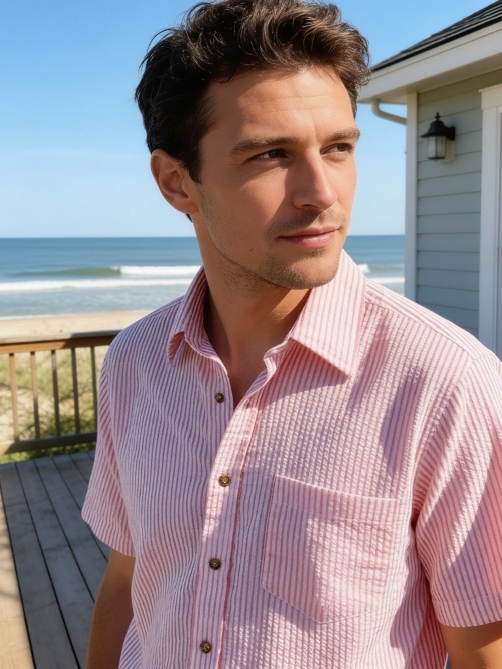 Haband Seersucker Striped Short Sleeved Mens Button Up Collared Shirt